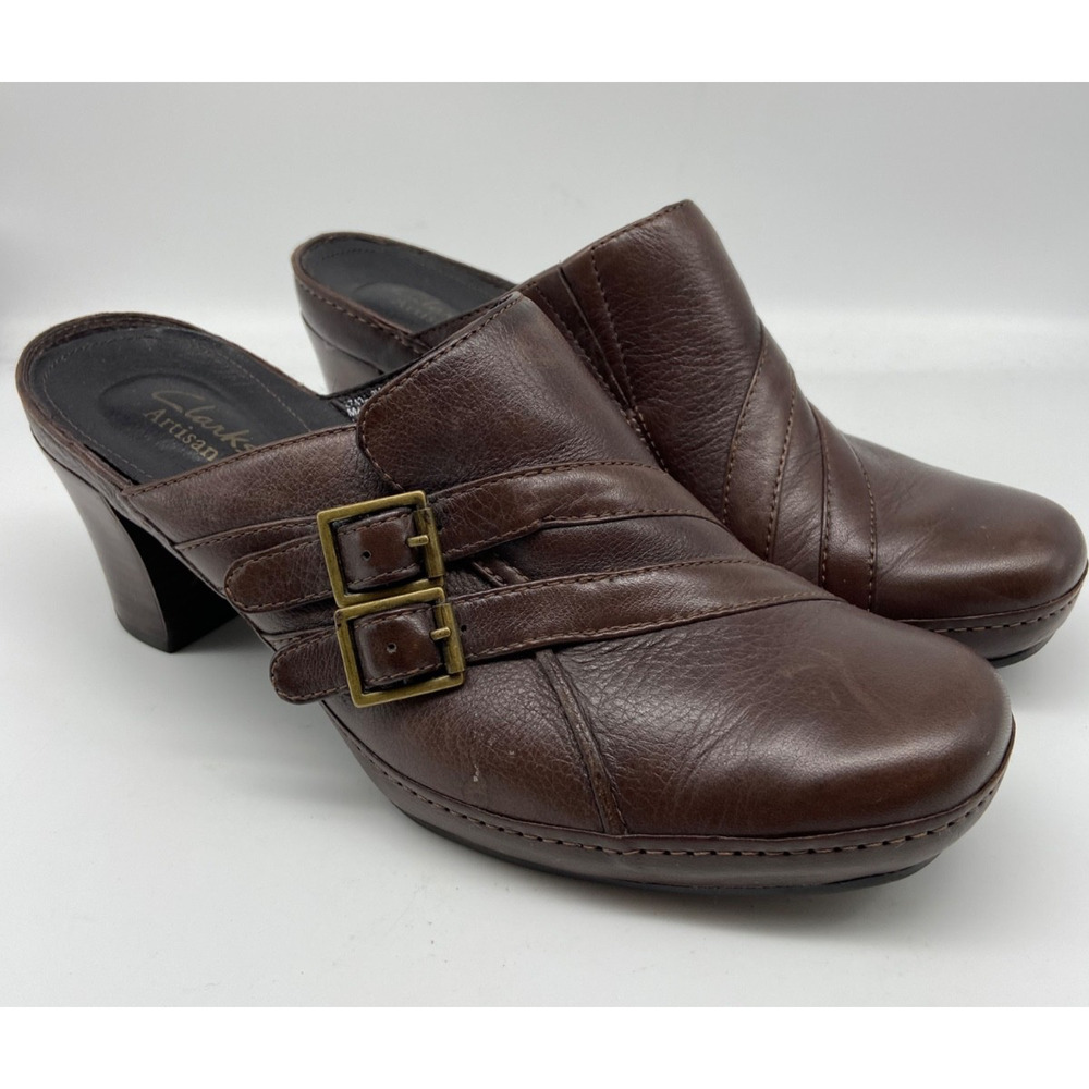 Clarks Artisan Women's 8m Shoes Brown Mules Clogs Leather Double‎ Buckle 87494